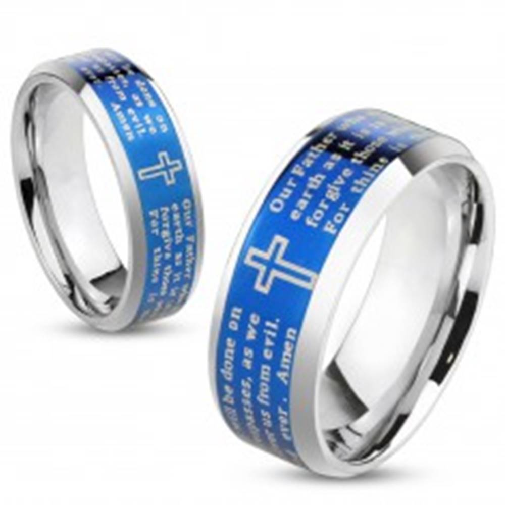 Šperky eshop Oceľová obrúčka s modrým stredovým pásom, krížom a modlitbou, 6 mm - Veľkosť: 49 mm