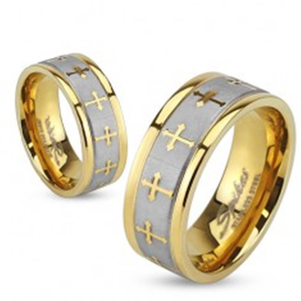 Šperky eshop Oceľová obrúčka v zlatej a striebornej farbe, matný pás, krížiky, 6 mm - Veľkosť: 49 mm