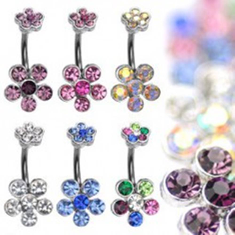 Šperky eshop Oceľový piercing do bruška ukončený zirkónovými kvetmi - Farba zirkónu: Číra - C
