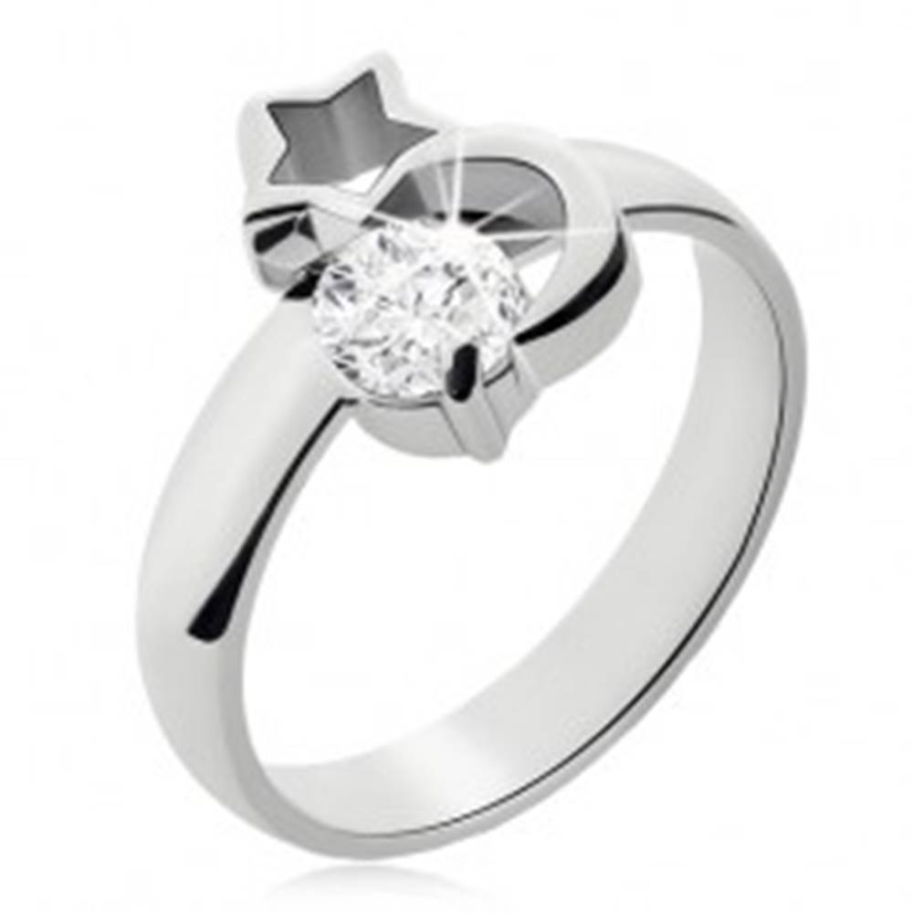 Šperky eshop Oceľový prsteň striebornej farby, mesiac, obrys hviezdy a číry zirkón - Veľkosť: 49 mm
