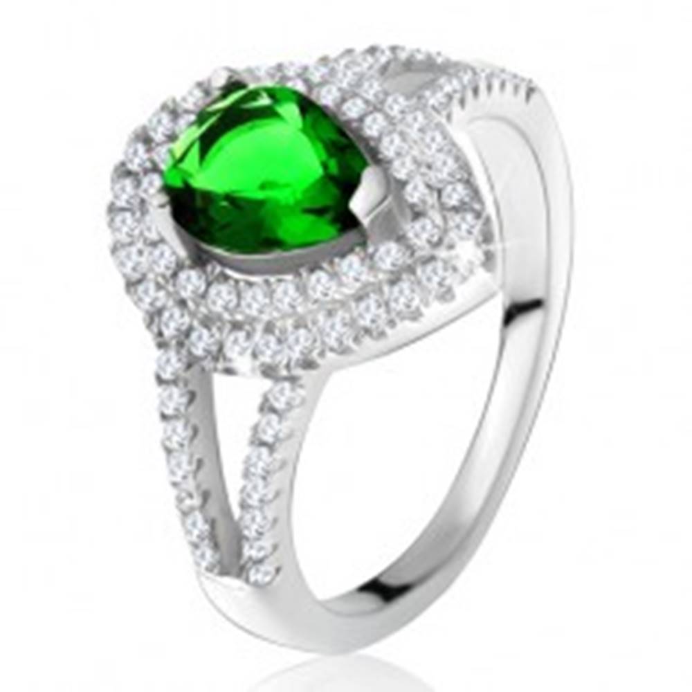 Šperky eshop Prsteň so zeleným slzičkovým kameňom, dvojitý číry lem, striebro 925 - Veľkosť: 49 mm