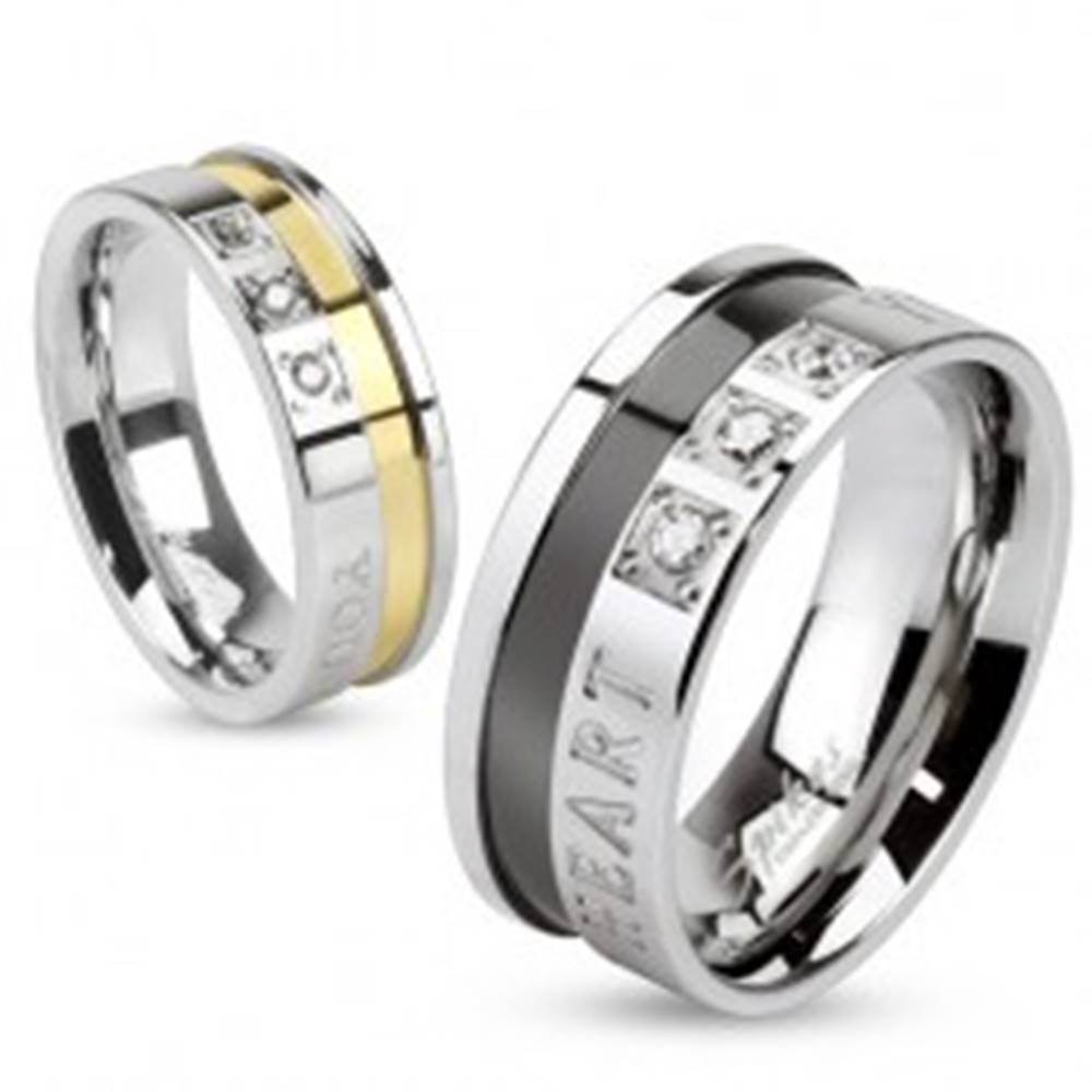 Šperky eshop Prsteň z ocele 316L, strieborná a čierna farba, zaľúbený nápis, zirkóny, 8 mm - Veľkosť: 60 mm