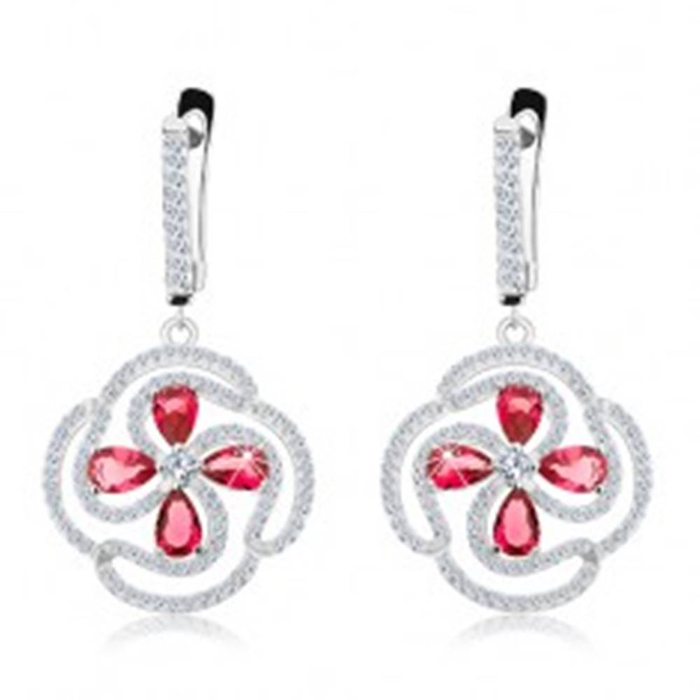 Šperky eshop Strieborné náušnice 925, kvet z ružových zirkónových kvapiek a čírych línií