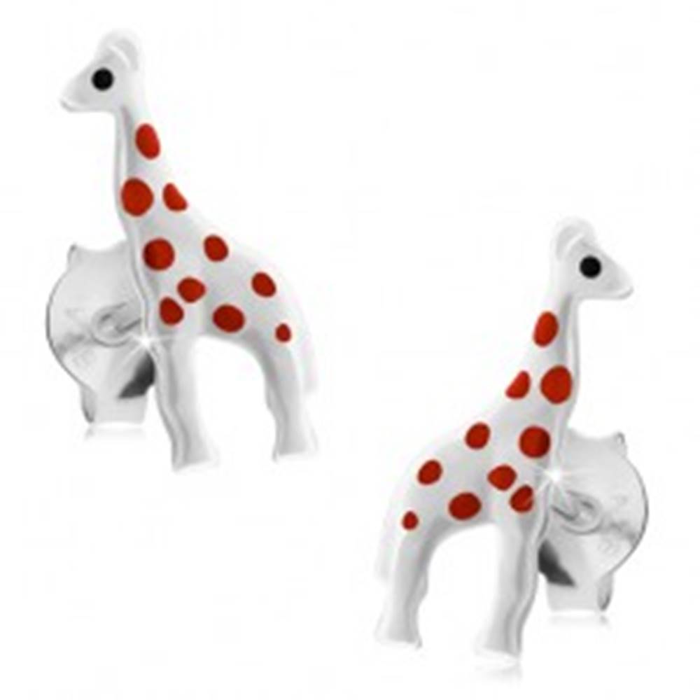 Šperky eshop Strieborné náušnice 925, lesklá biela žirafa s červenými bodkami, puzetky