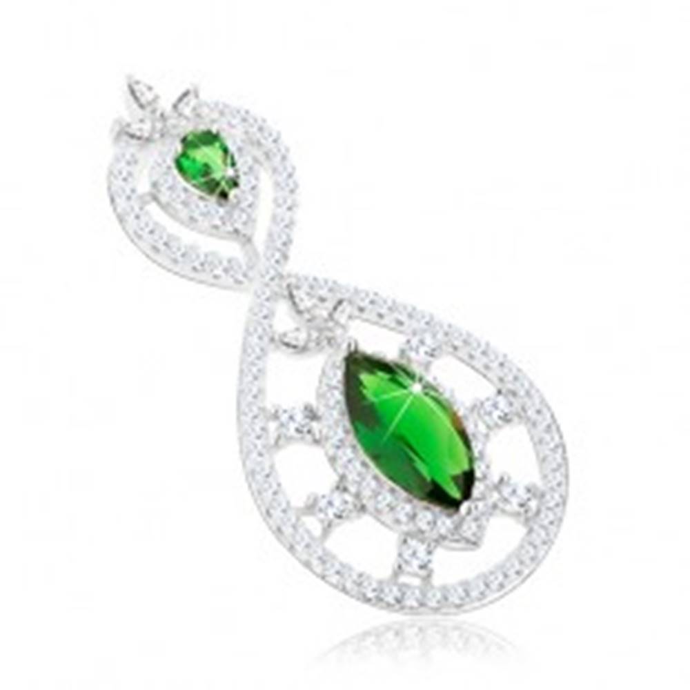 Šperky eshop Strieborný 925 prívesok, zirkónová osmička, zelená obrátená slza a zrnko