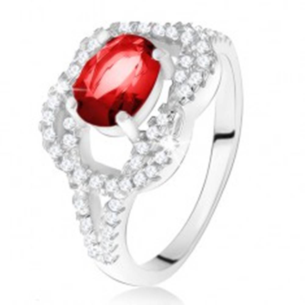 Šperky eshop Strieborný 925 prsteň, oválny rubínový kameň, zirkónový uzol - Veľkosť: 50 mm