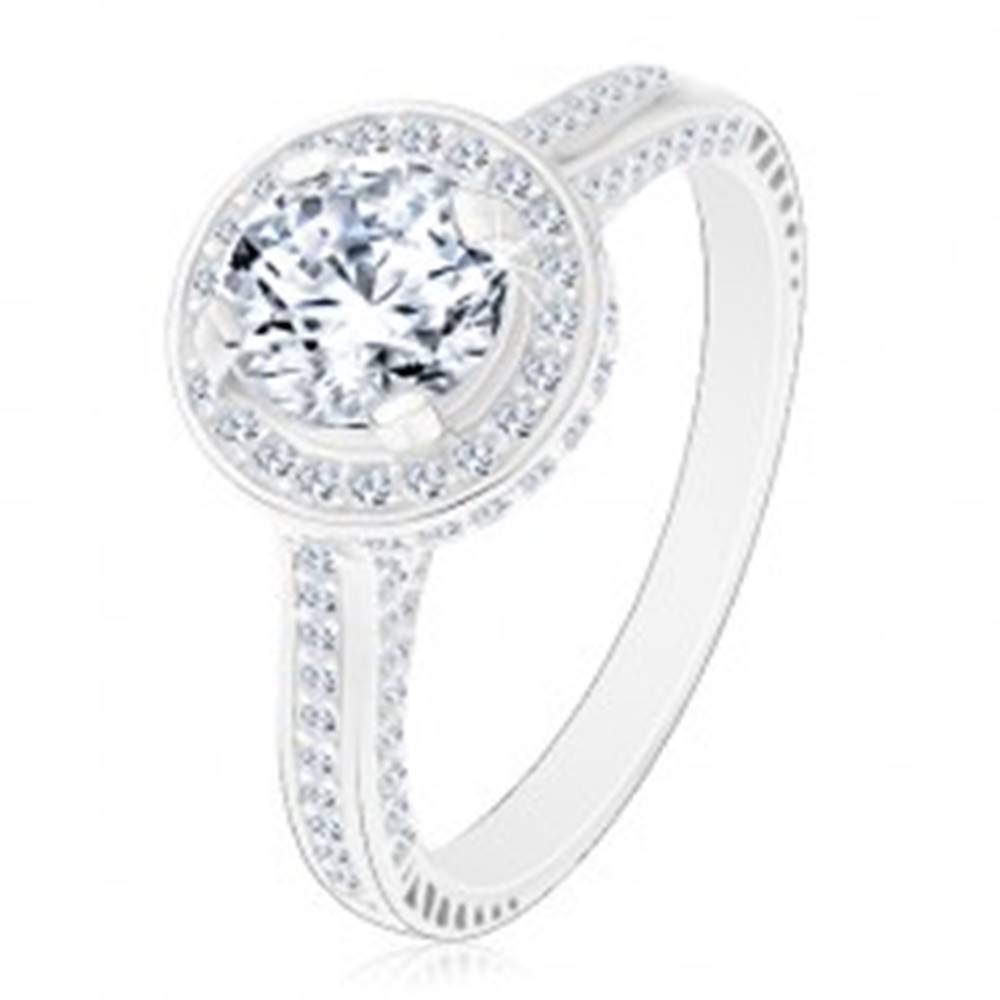 Šperky eshop Strieborný 925 prsteň, žiarivý okrúhly zirkón čírej farby v trblietavom kruhu - Veľkosť: 48 mm