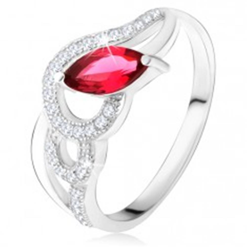 Šperky eshop Strieborný 925 prsteň, zirkónové a hladké vlny, červený zrniečkový kameň - Veľkosť: 49 mm