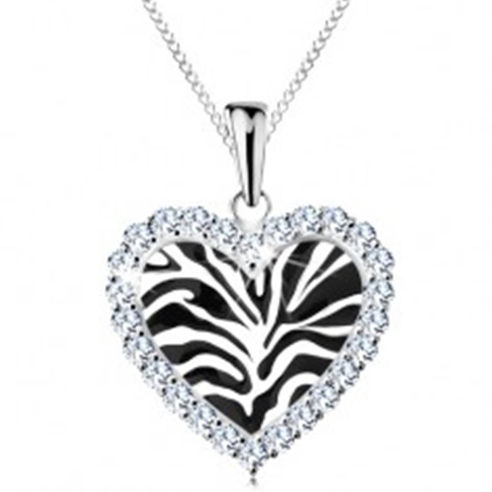 Šperky eshop Strieborný náhrdelník 925, srdiečko s čiernym motívom zebry a čírymi zirkónikmi