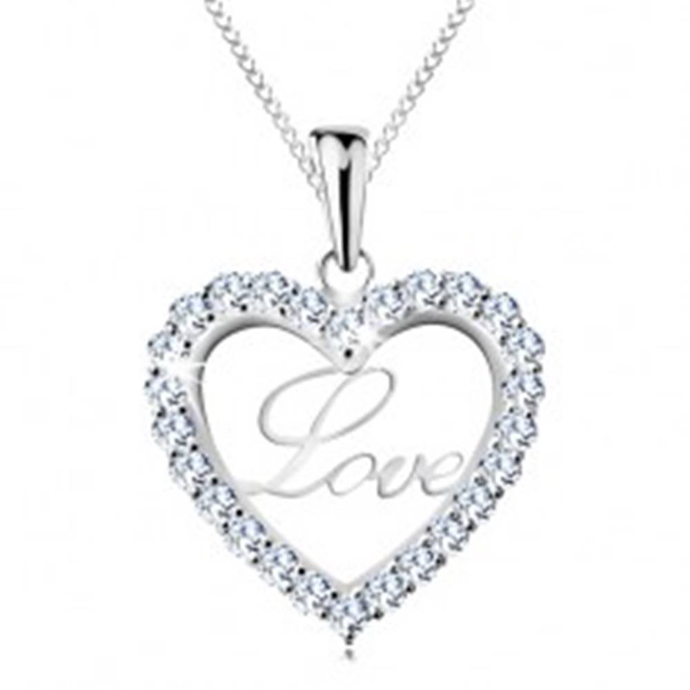 Šperky eshop Strieborný náhrdelník 925, tenká retiazka, trblietavá kontúra srdca, nápis Love