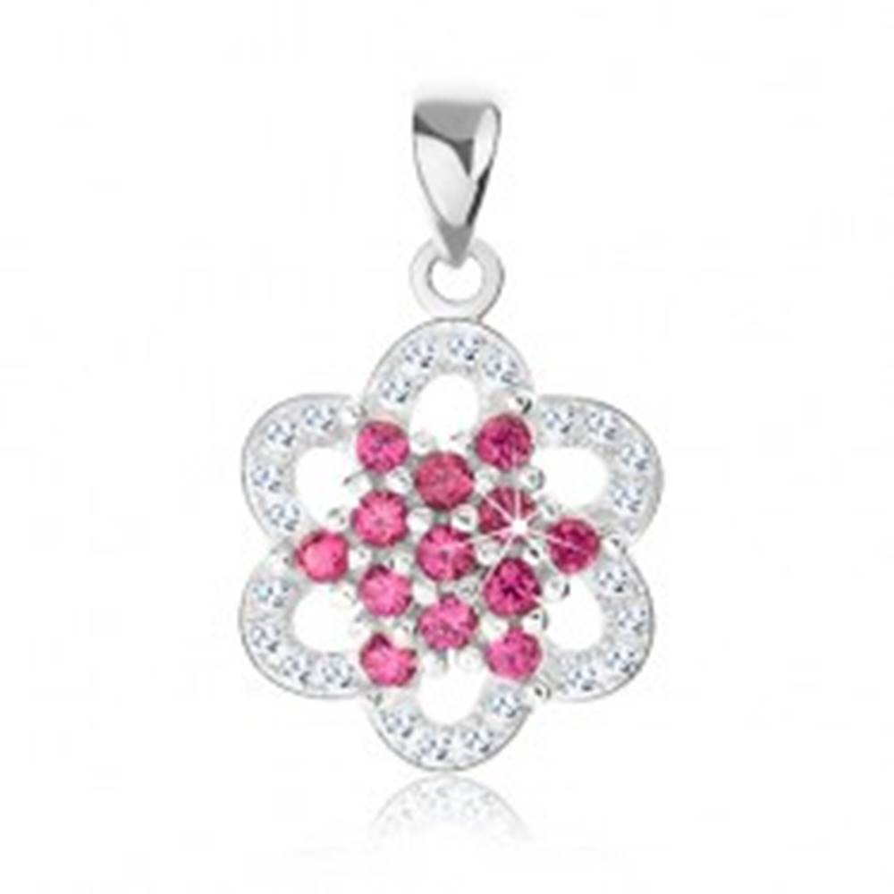 Šperky eshop Strieborný prívesok 925, kvietok z ružových a čírych zirkónov, oblé lupene