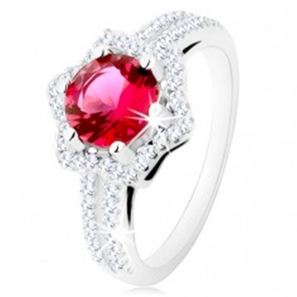 Šperky eshop Strieborný prsteň 925, rozdvojené ramená, hviezdičková kontúra, ružový zirkón - Veľkosť: 49 mm