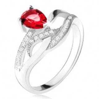 Lesklý prsteň zo striebra 925, červený kameň v tvare slzy, zvlnené zirkónové línie - Veľkosť: 50 mm