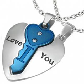 Oceľový dvojprívesok, srdce striebornej farby s modrým kľúčikom, nápis, zirkóny