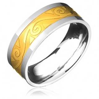 Oceľový prsteň - zlato-striebornej farby s motívom špirál vo vlnke - Veľkosť: 57 mm