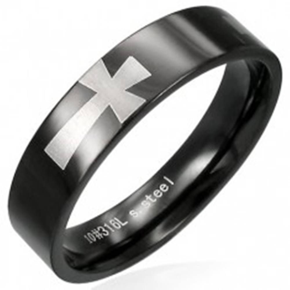 Šperky eshop Čierny prsteň z chirurgickej ocele s krížmi striebornej farby po obvode, 5 mm - Veľkosť: 51 mm