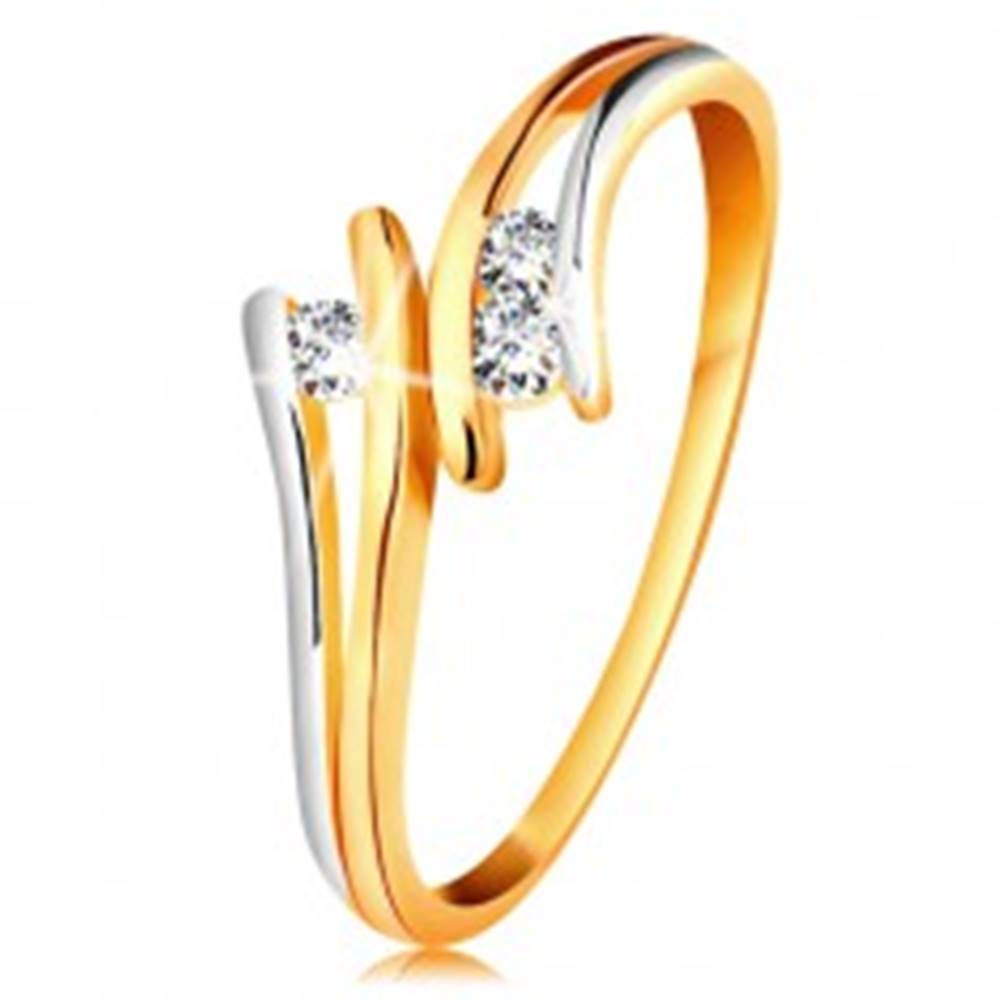 Šperky eshop Diamantový zlatý prsteň 585, tri žiarivé číre brilianty, rozdelené dvojfarebné ramená - Veľkosť: 49 mm