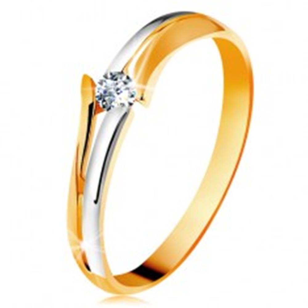 Šperky eshop Diamantový zlatý prsteň 585, žiarivý číry briliant, rozdelené dvojfarebné ramená - Veľkosť: 49 mm