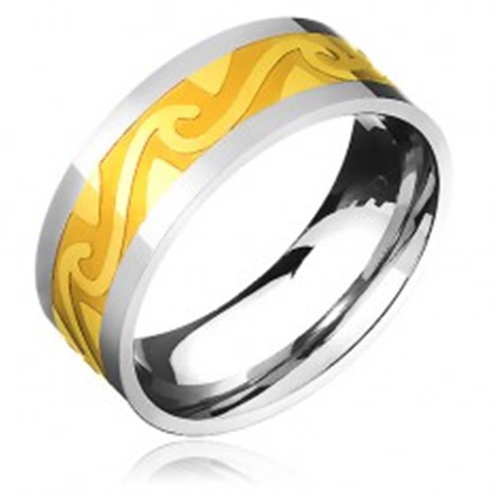 Šperky eshop Dvojfarebná oceľová obrúčka - pás zlatej farby, motív búrlivých vĺn - Veľkosť: 57 mm