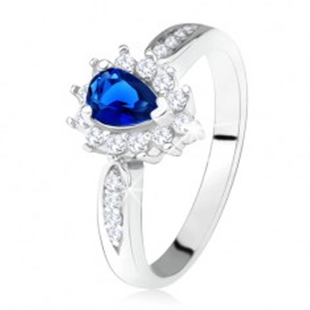 Šperky eshop Lesklý prsteň - striebro 925, tmavomodrý zirkón - slza, číre kamienky - Veľkosť: 49 mm