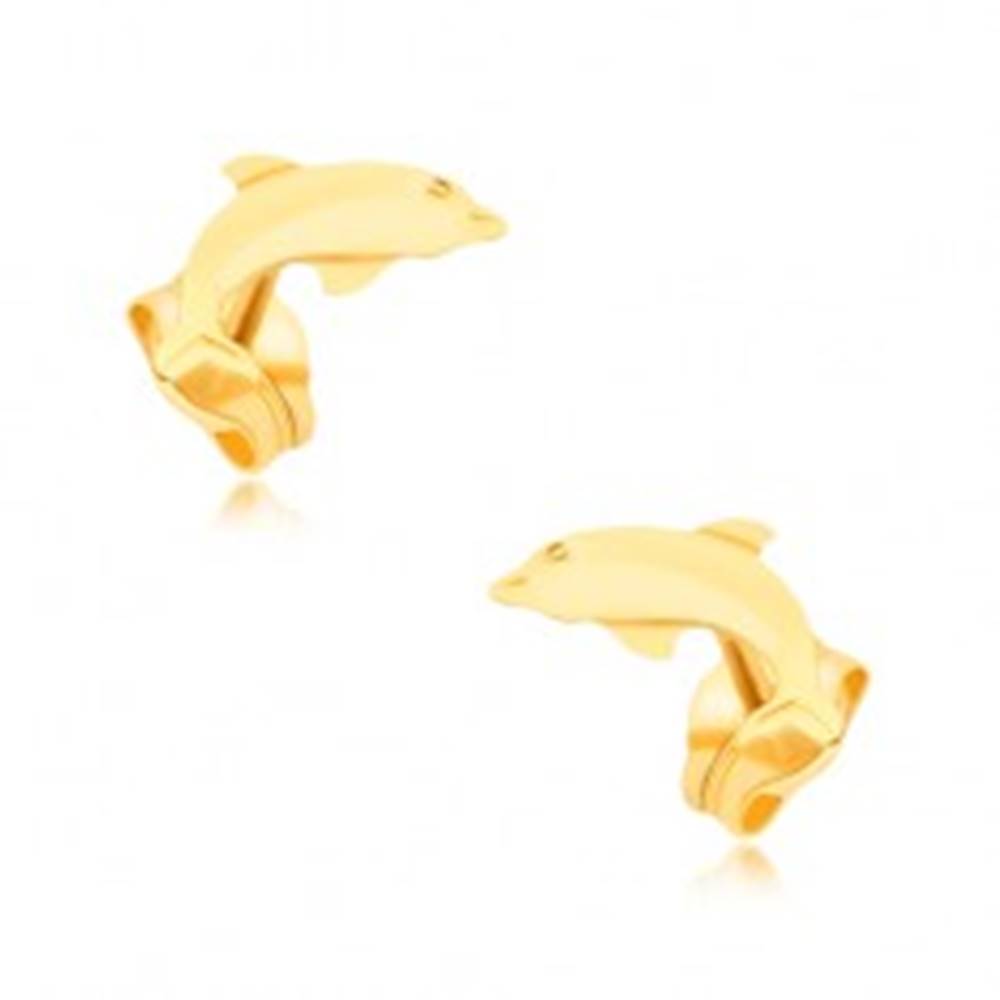 Šperky eshop Náušnice v žltom 9K zlate - plochý ligotavý skákajúci delfín