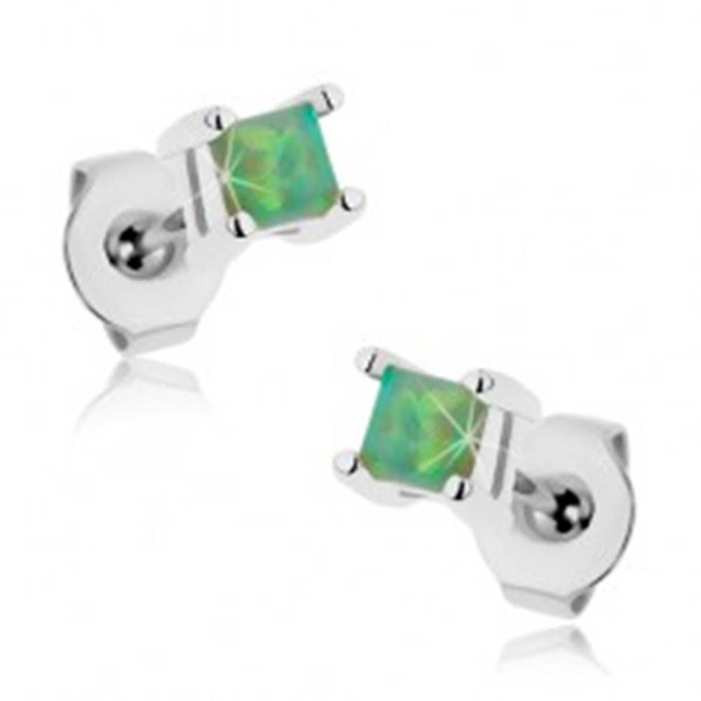Šperky eshop Náušnice z chirurgickej ocele, zelený štvorček - syntetický opál, 3 mm