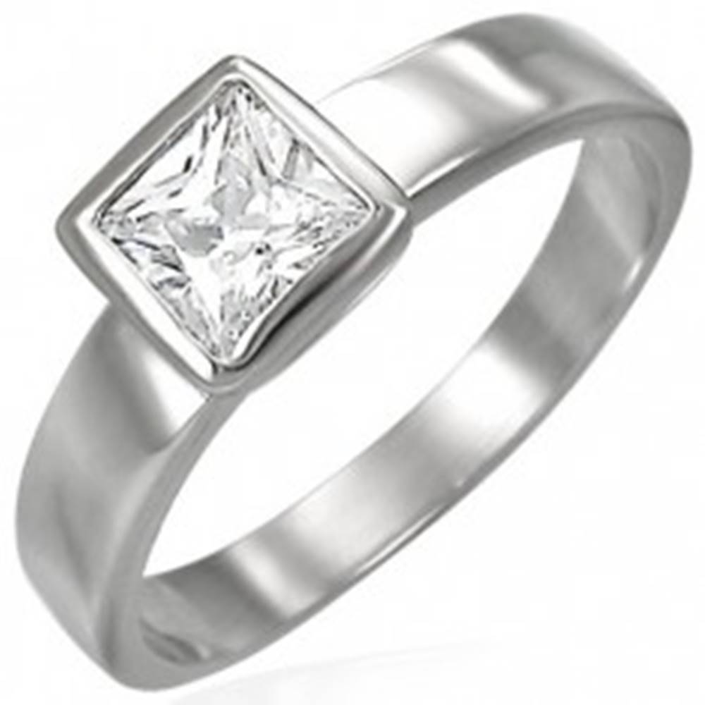 Šperky eshop Oceľový prsteň striebornej farby, číry štvorcový zirkón v objímke - Veľkosť: 48 mm