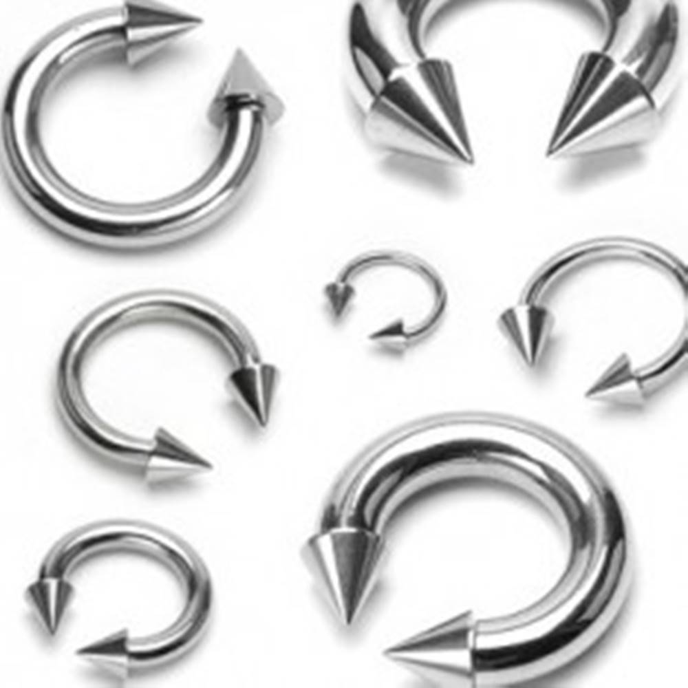 Šperky eshop Piercing striebornej farby z chirurgickej ocele - podkova ukončená hrotmi, rôzne veľkosti - Rozmer: 1,2 mm x 10 mm x 4x4 mm