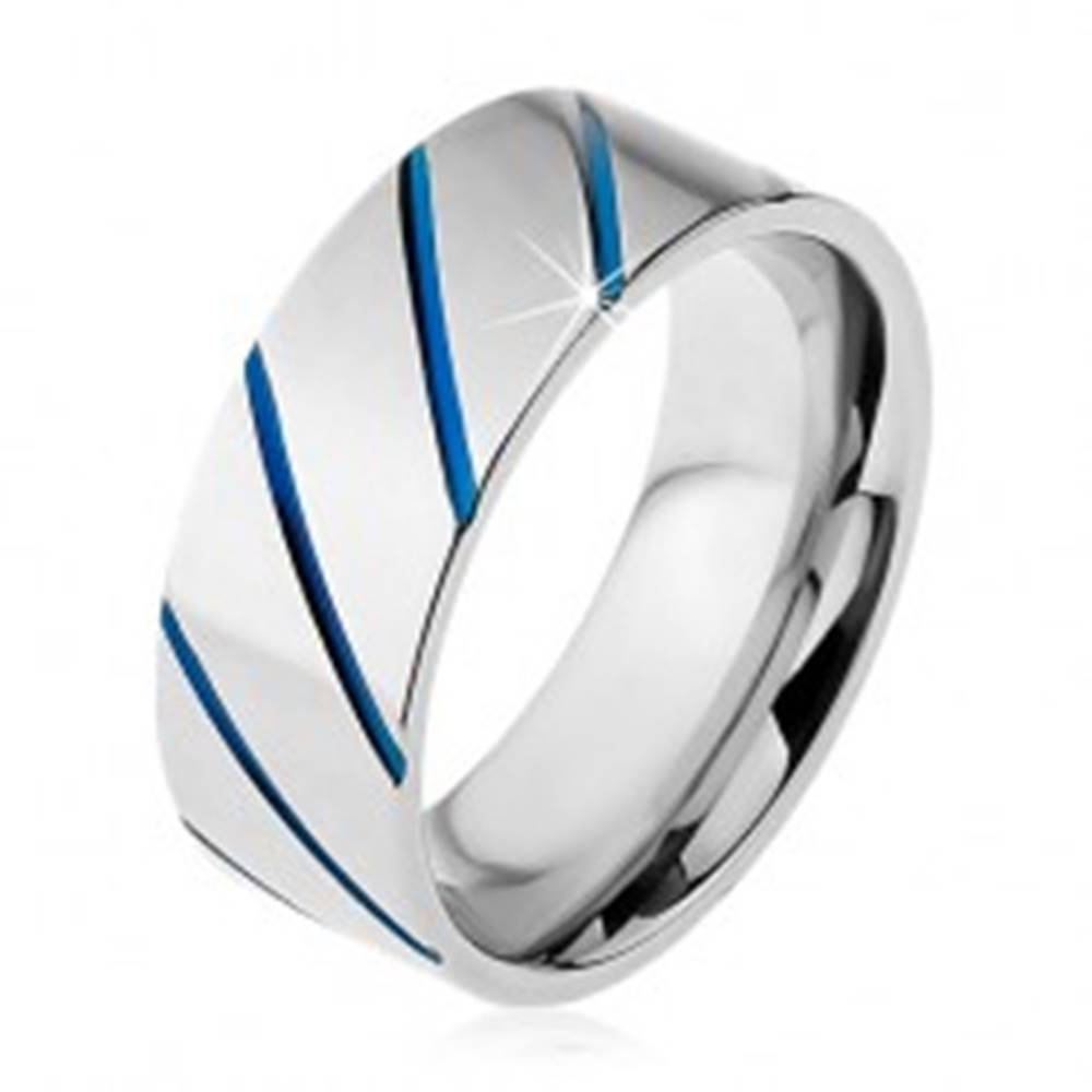 Šperky eshop Prsteň z ocele 316L striebornej farby, modré diagonálne pásy, 8 mm - Veľkosť: 57 mm