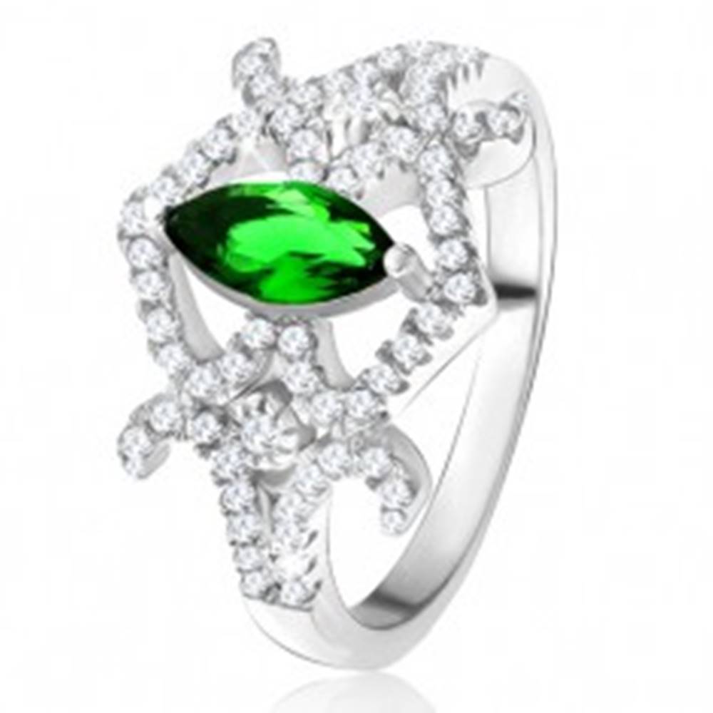 Šperky eshop Prsteň - zrniečkový zelený zirkón, zaoblené línie, číre kamienky, striebro 925 - Veľkosť: 49 mm
