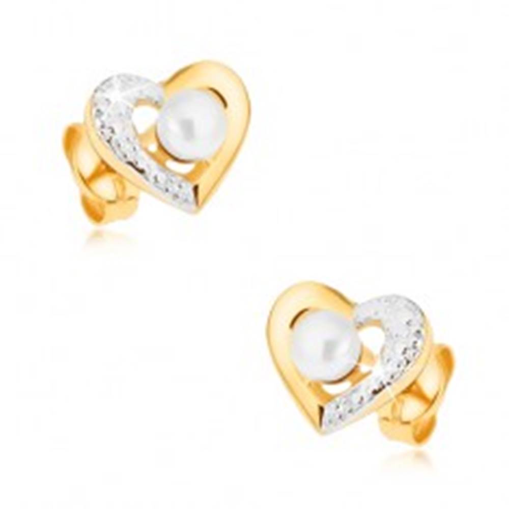Šperky eshop Ródiované náušnice z 9K zlata - dvojfarebná kontúra srdca, biela perla