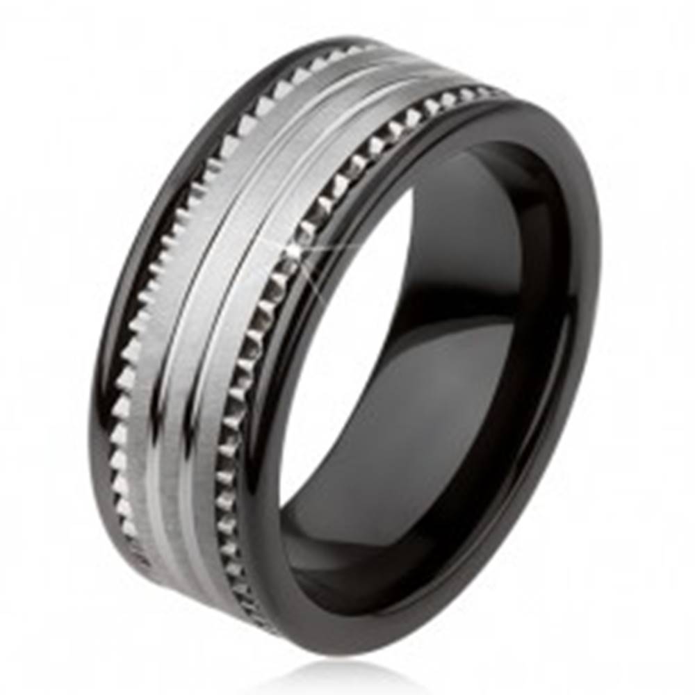 Šperky eshop Tungstenová keramická čierna obrúčka s povrchom striebornej farby a prúžkami - Veľkosť: 49 mm