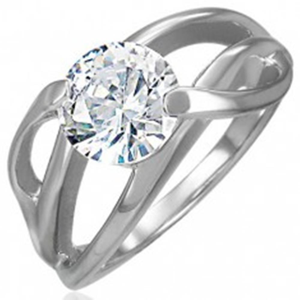 Šperky eshop Zásnubný prsteň s priečnym úchytom a okrúhlym čírym zirkónom, oceľ 316L - Veľkosť: 49 mm
