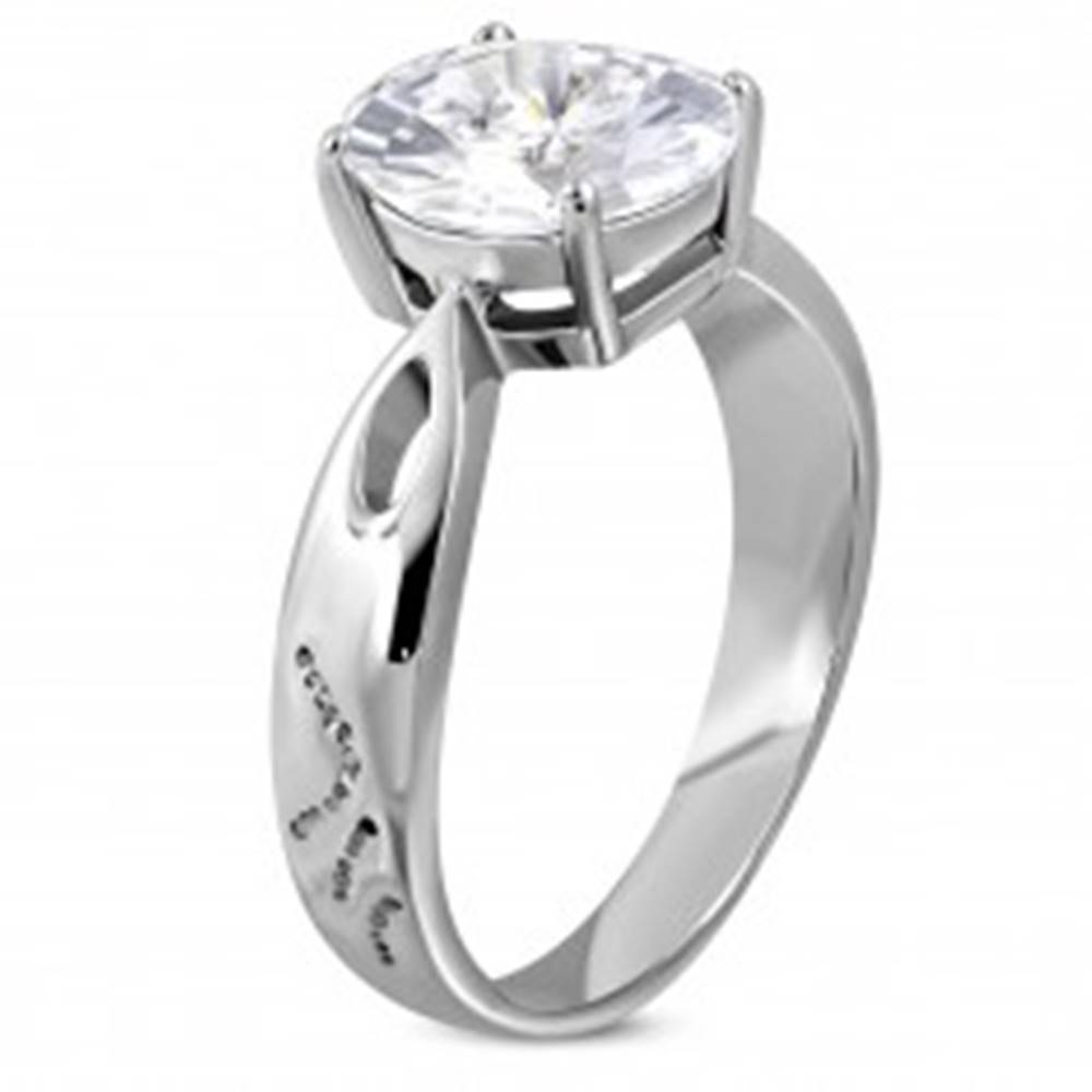 Šperky eshop Zásnubný prsteň z ocele 316L s veľkým zirkónom a ozdobnými ryhami - Veľkosť: 49 mm