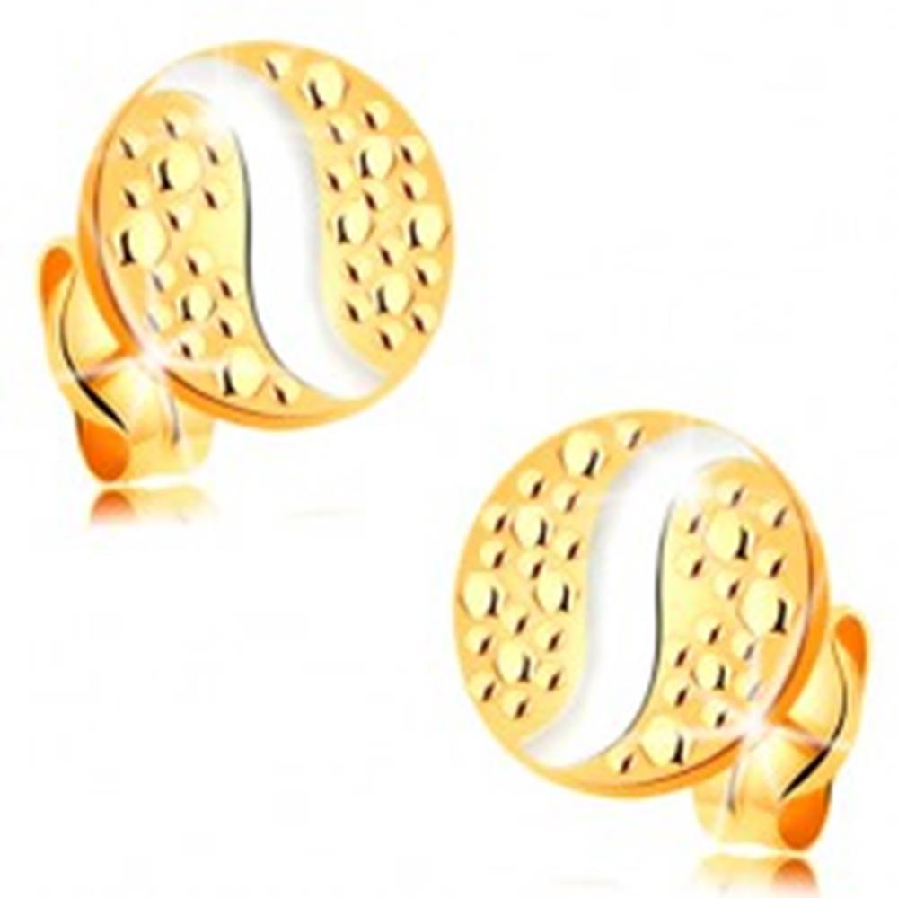 Šperky eshop Zlaté 14K náušnice - kruh s bodkami a vlnkou z bieleho zlata, puzetky
