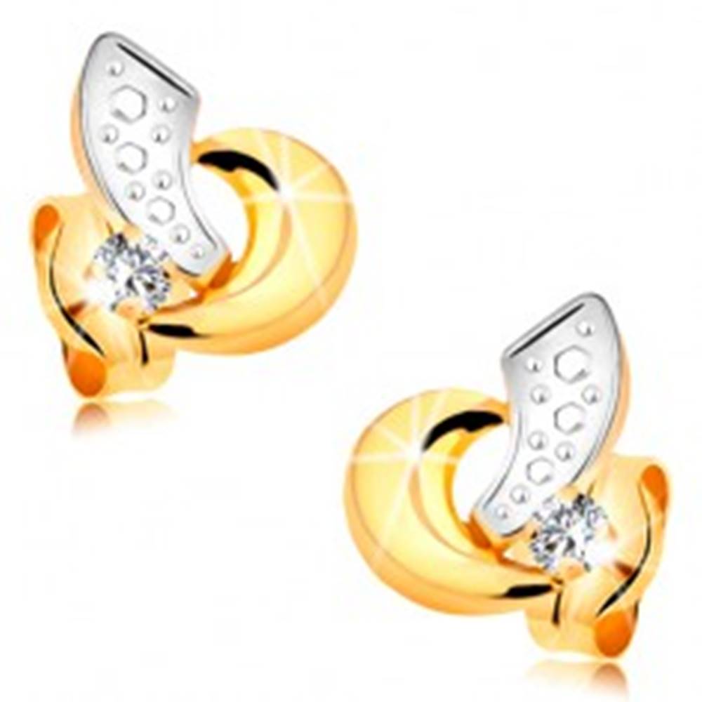 Šperky eshop Zlaté náušnice 585 - oblúčiky z bieleho a žltého zlata, číry žiarivý briliant