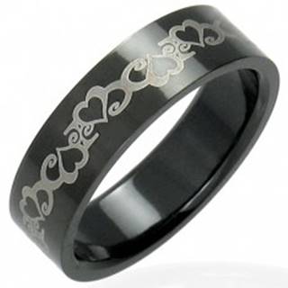 Oceľový čierny prsteň so srdiečkami - Veľkosť: 54 mm