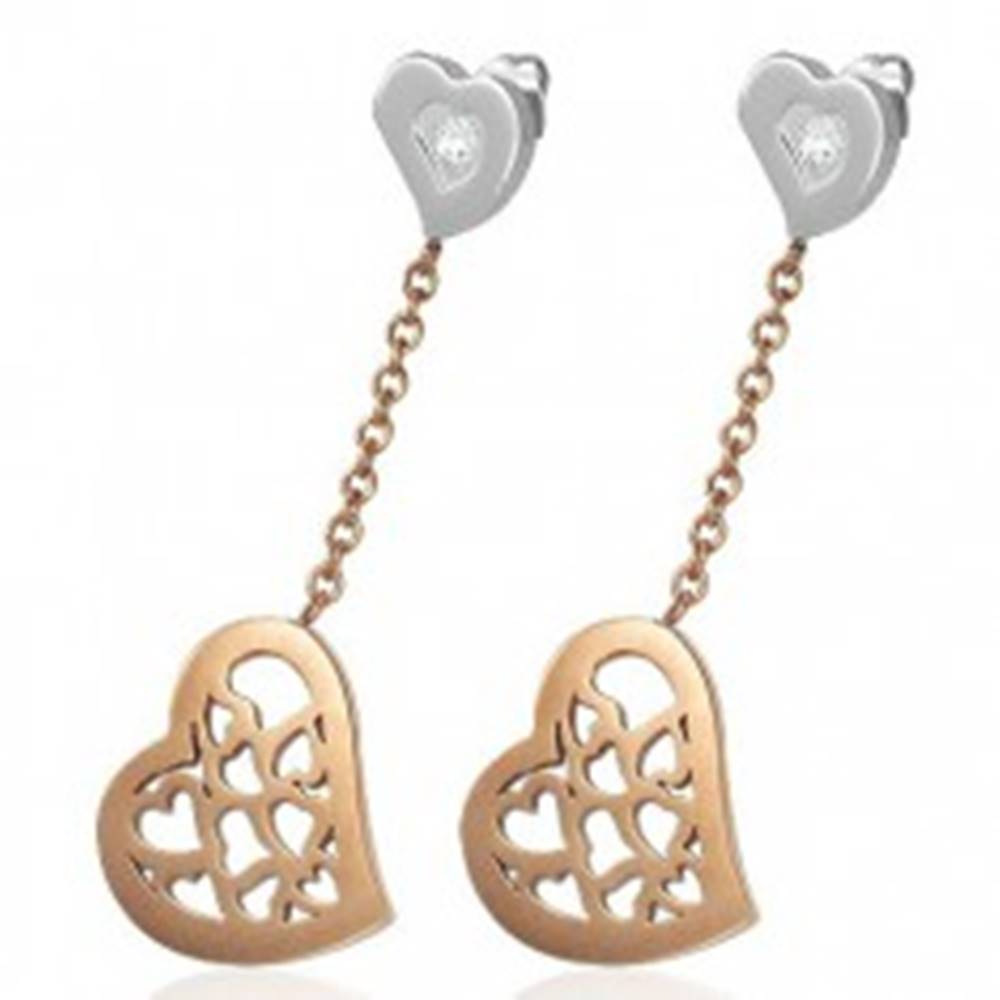 Šperky eshop Náušnice z chirurgickej ocele, visiace srdce s výrezmi v medenom odtieni
