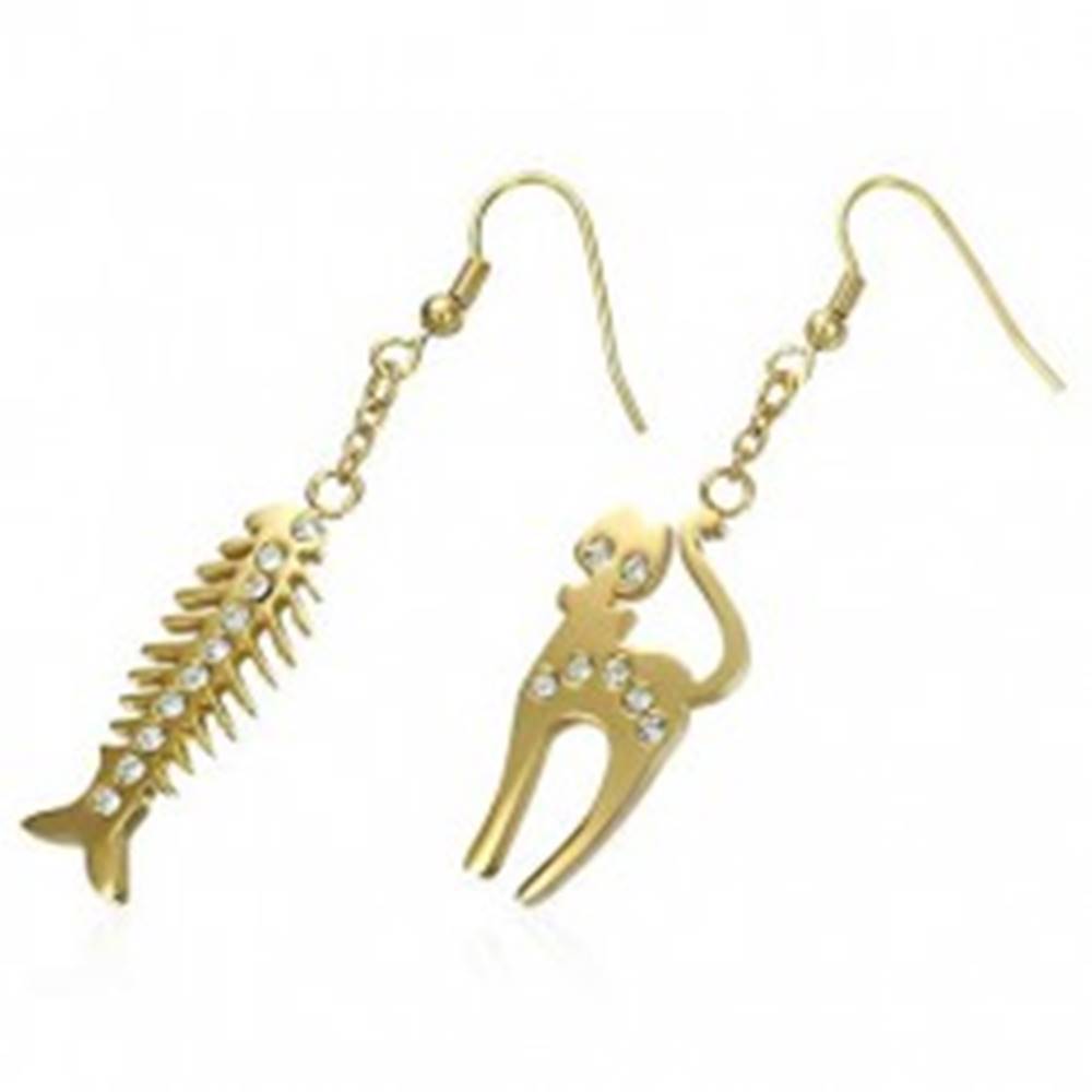 Šperky eshop Oceľové náušnice zlatej farby - mačka a rybacia kosť, číre zirkóniky