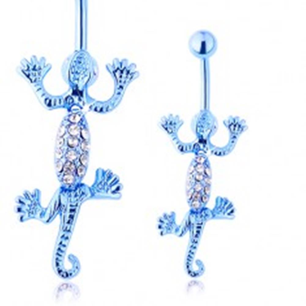 Šperky eshop Oceľový piercing do pupka, pohyblivá modrá jašterička, číre zirkóniky