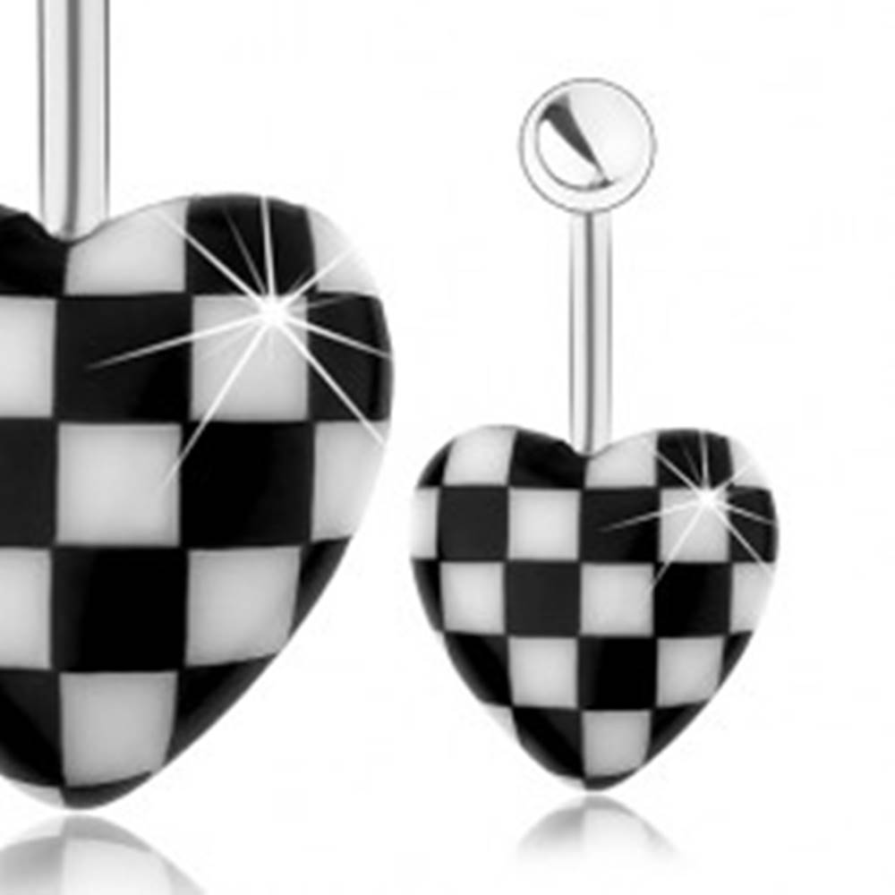 Šperky eshop Oceľový piercing do pupka, vypuklé akrylové srdce, vzor šachovnice