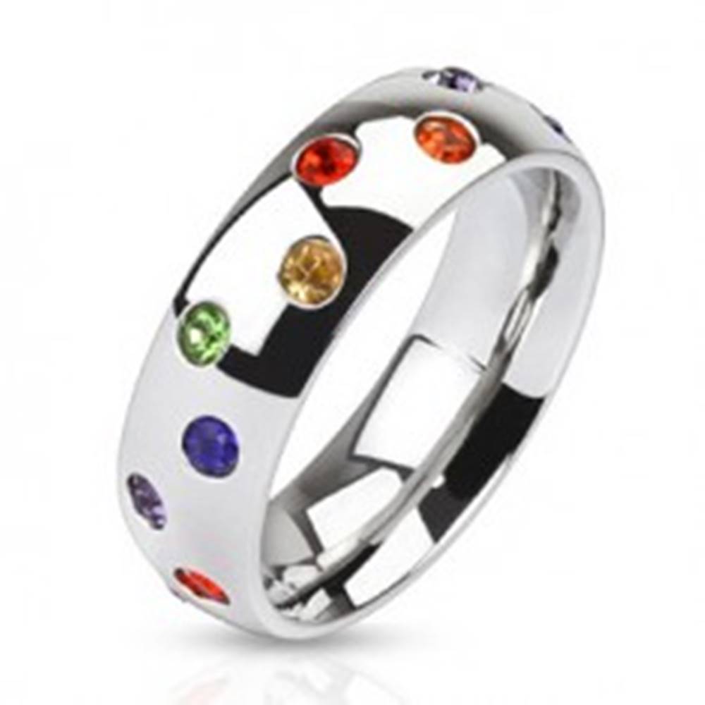 Šperky eshop Oceľový prsteň - obrúčka striebornej farby, farebné kamienky - Veľkosť: 49 mm