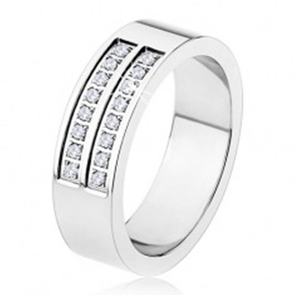 Šperky eshop Oceľový prsteň - strieborná farba, lesklý, dvojitá línia čírych zirkónov - Veľkosť: 54 mm
