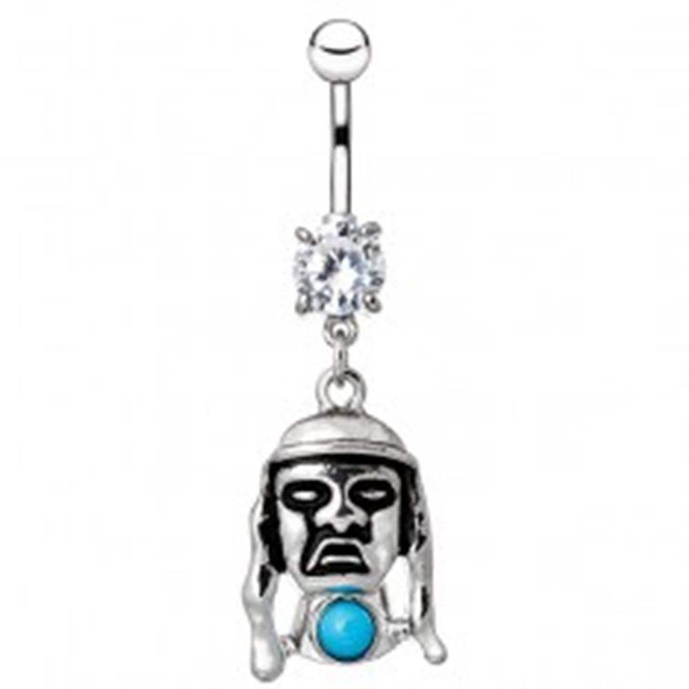 Šperky eshop Piercing do pupku z ocele - tvár indiána s modrým kameňom