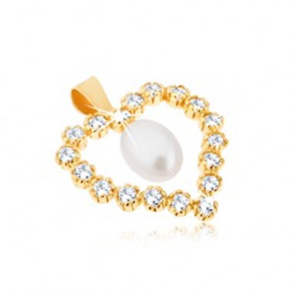 Šperky eshop Prívesok zo žltého 9K zlata, zirkónová kontúra srdca, slzičková perla v strede