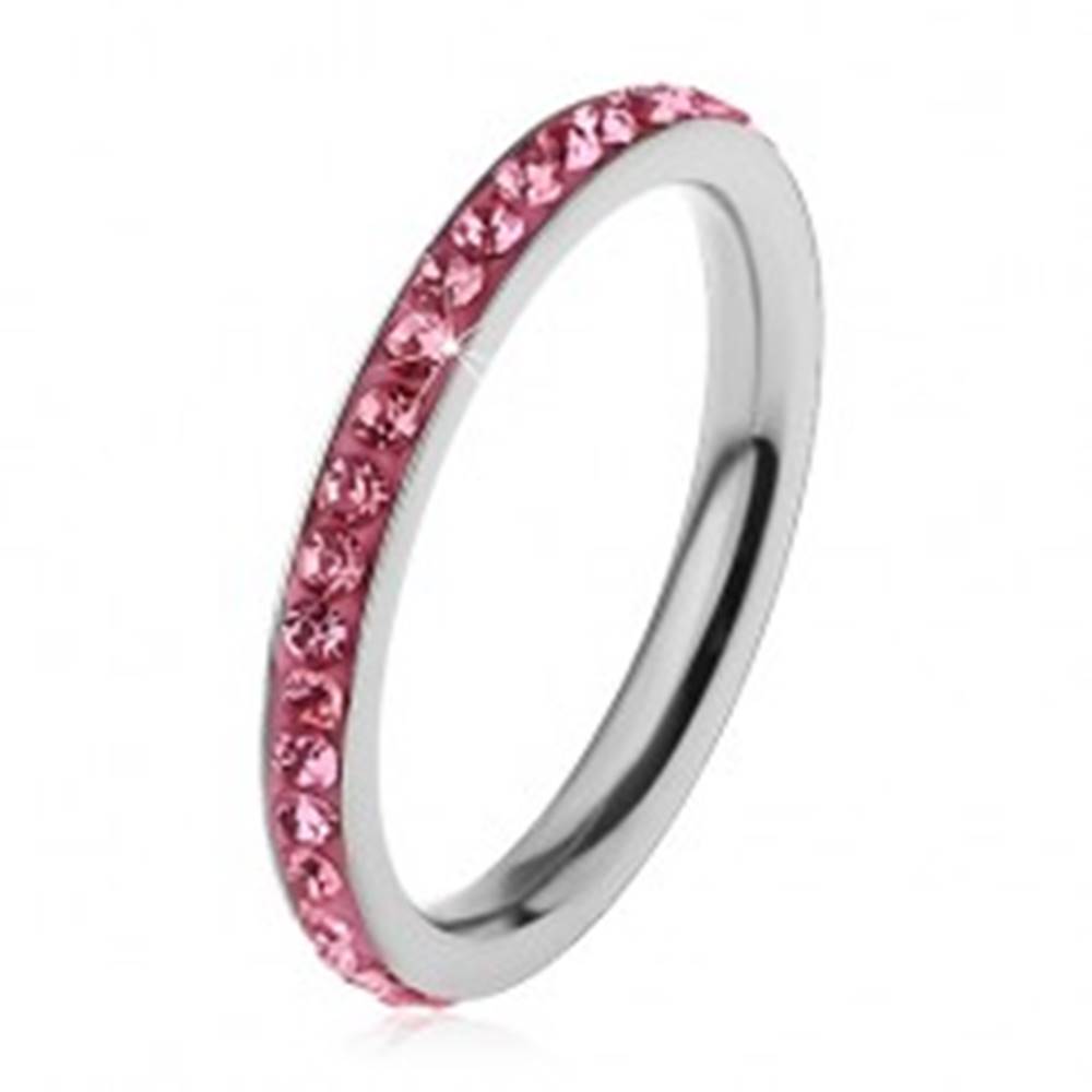 Šperky eshop Prsteň z chirurgickej ocele striebornej farby, žiarivé zirkóniky v ružovom odtieni - Veľkosť: 49 mm