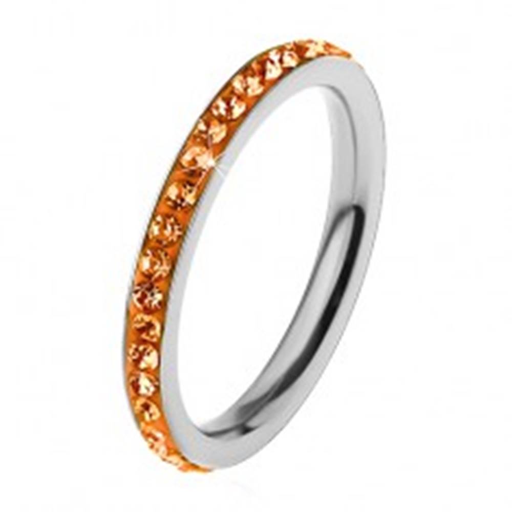 Šperky eshop Prsteň z ocele 316L v striebornom odtieni, zirkóny oranžovej farby - Veľkosť: 49 mm