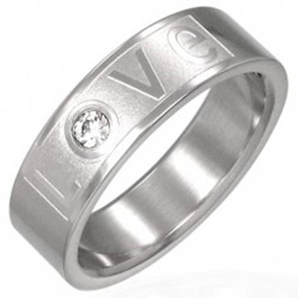 Šperky eshop Prsteň z ocele - LOVE so zirkónom - Veľkosť: 51 mm
