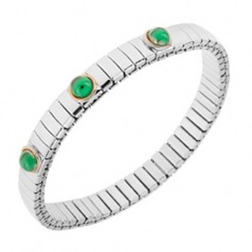 Šperky eshop Rozťahovací náramok z ocele striebornej farby, smaragdovo zelené guličky