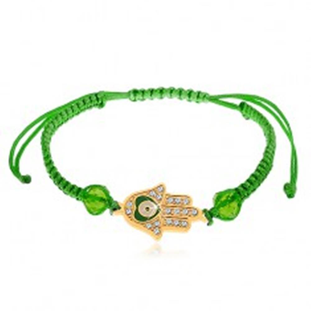 Šperky eshop Šnúrkový náramok zelenej farby, Fatimina ruka, číre zirkóny, korálky